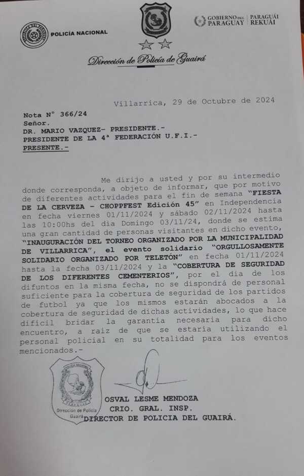 No habrá partidos el fin de semana por falta de cobertura policial