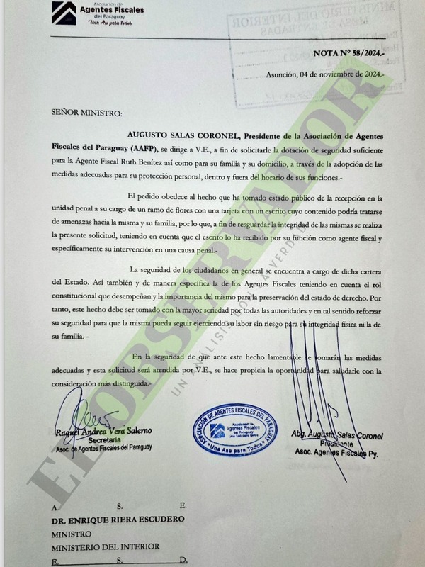 Amenaza a fiscal debe tratarse con máxima seriedad, sostuvo titular de la AAFP en solicitud de seguridad