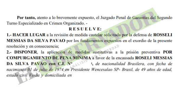 Cuñada de Jarvis Chimenes Pavão obtiene arresto domiciliario por compurgamiento de la pena mínima