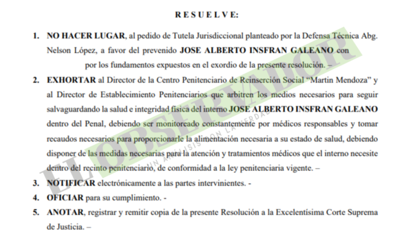 Juzgado comprueba la no vulneración de derechos en reclusión del pastor Insfrán y se rechaza tutela