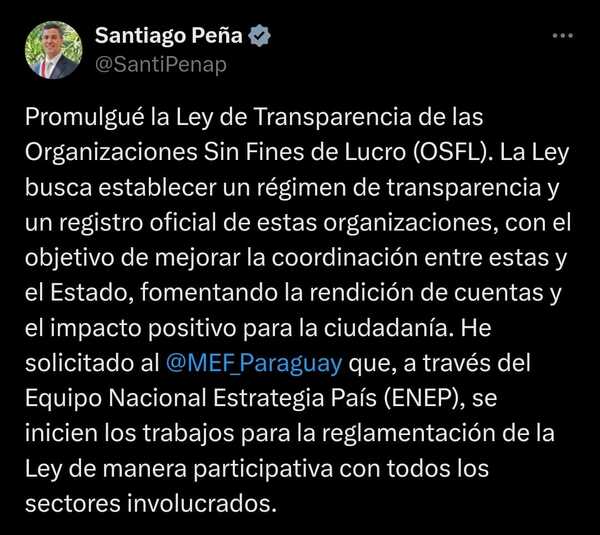 Presidente Santiago Peña promulga la Ley de Transparencia para Organizaciones Sin Fines de Lucro