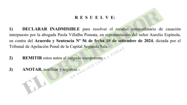 Casación del Dr. Aurelio Espínola no cumple con requisitos de forma y se declara inadmisible