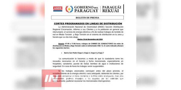 CORTES PROGRAMADOS DE ENERGÍA ELÉCTRICA EN EL B° SAN PEDRO DE ENCARNACIÓN - Itapúa Noticias
