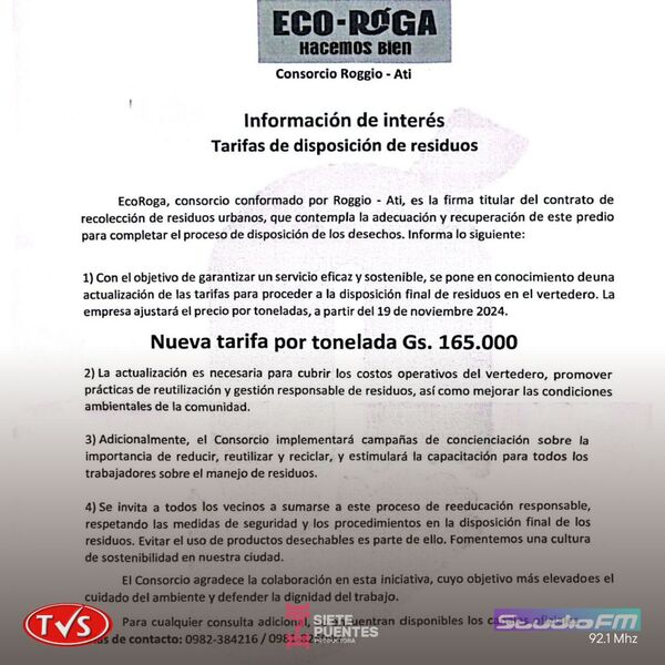 SE APLICAN ANUEVAS TARIFAS PARA DISPOSICIÓN DE RESIDUOS - TVS