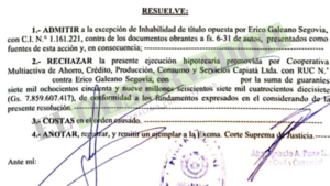Rechazan ejecución hipotecaria por millonaria deuda de Erico Galeano con cooperativa