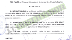 Tribunal de Sentencia mantiene la prisión preventiva de acusada por el asesinato del militar Líder Ríos