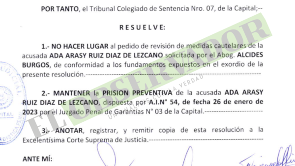 Tribunal de Sentencia mantiene la prisión preventiva de acusada por el asesinato del militar Líder Ríos