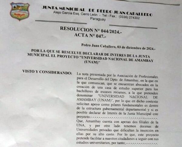 Declaración de Interés Municipal para la Creación de la Universidad Nacional de Amambay (UNAM)