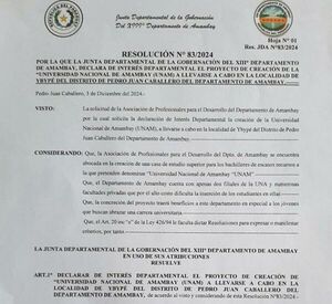Declaran de Interés Departamental para la Creación de la Universidad Nacional de Amambay (UNAM)