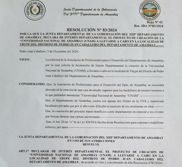 Declaran de Interés Departamental para la Creación de la Universidad Nacional de Amambay (UNAM)