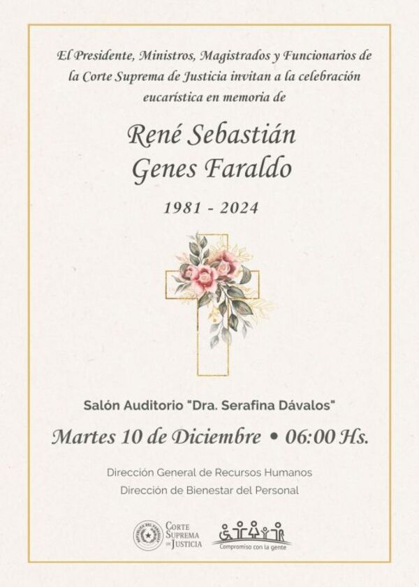 Invitación a Celebración Eucarística en Memoria de René Sebastián Genes Faraldo