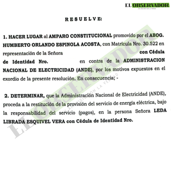 ANDE retiró medidor sin verificar que la casa era habitada por madre e hija menor y se ordena restitución