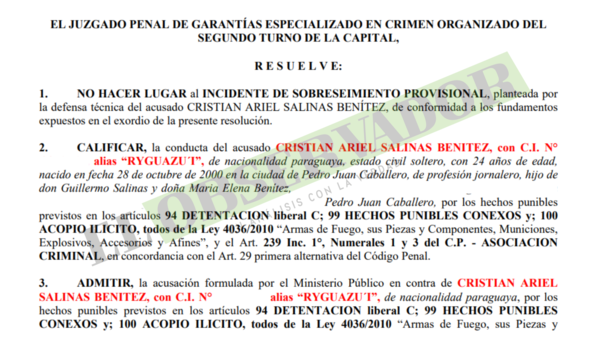 Presunto líder de grupo de sicarios, “Ryguasu’i” afrontará juicio oral y público