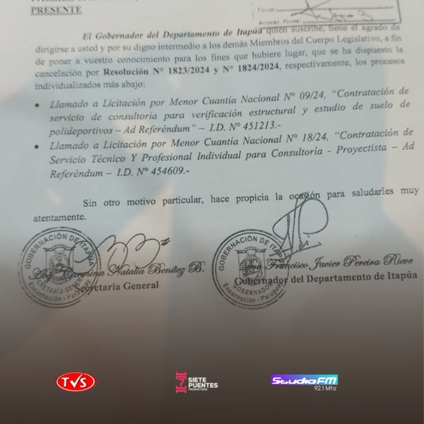 GOBERNADOR DE ITAPÚA CANCELA MILLONARIO LLAMADO A LICITACIÓN POR CONSULTORÍA - TVS
