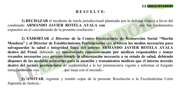 Prisión de Armando Rotela no vulnera garantías ni derechos y se rechaza tutela jurisdiccional