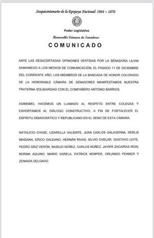 Senadores de Honor Colorado respaldan a Antonio Barrios tras críticas de Lilian Samaniego - El Trueno