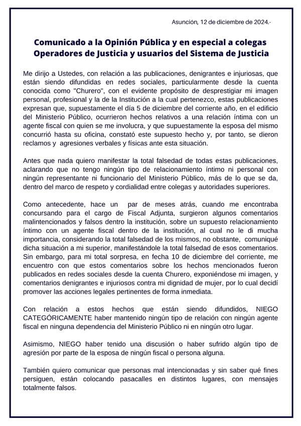 Fiscala rechaza rumores sobre supuestas relaciones íntimas mantenidas en sede del Ministerio Público