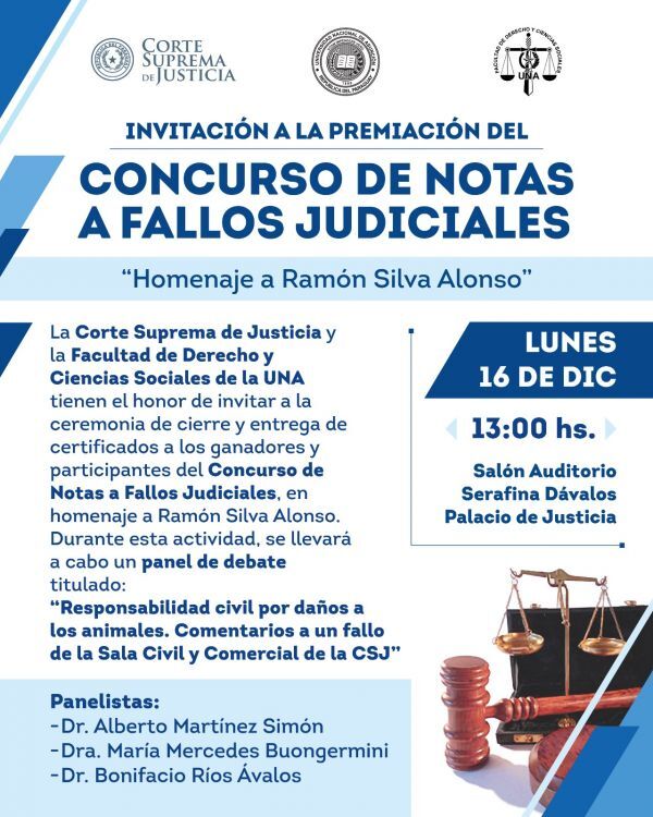 Invitan a premiación del Concurso de Notas a Fallos Judiciales