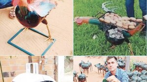Herrero valé hizo parrillitas con diseño de gallo, zapatilla y combi