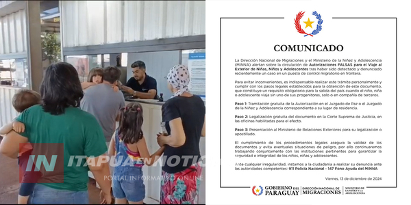 ALERTAN SOBRE AUTORIZACIONES FALSAS PARA VIAJES AL EXTERIOR DE MENORES - Itapúa Noticias