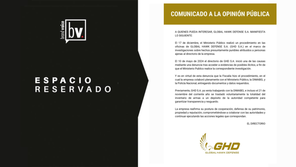 Espacio reservado Comunicado a la opinión pública Global Hawk Defense S.A. manifiesta lo siguiente: