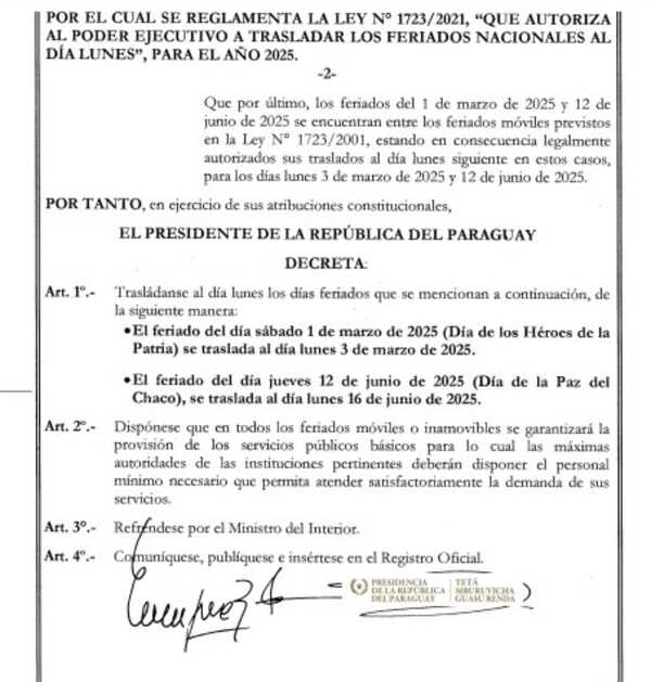 A fin de fomentar el turismo Ejecutivo dispone traslado de dos feriados en el 2025 • RADIO NACIONAL