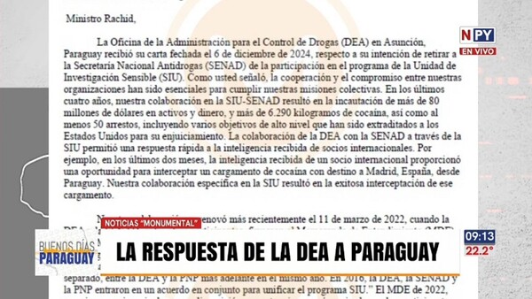DEA acepta la decisión del Gobierno de cortar cooperación con la Senad