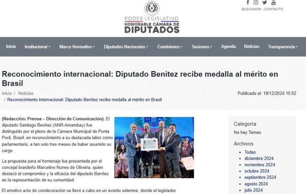 La Cámara de Diputados se hace eco del homenaje que recibió Santiago Benítez en Brasil