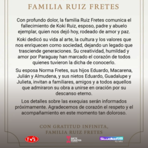 EL ARTE PARAGUAYO DE LUTO: FALLECE KOKI RUIZ, UN REFERENTE DEL ARTE Y LA CULTURA - TVS