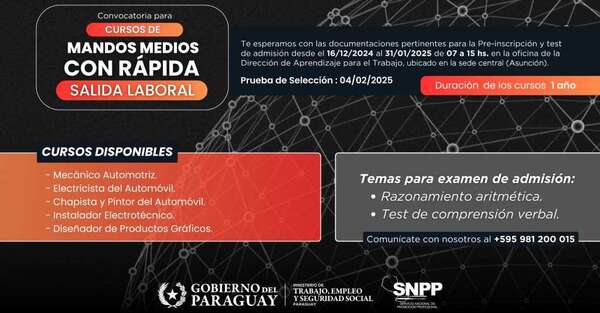 Convocatoria para cursos de aprendizaje para el trabajo del SNPP