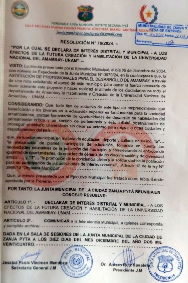 Zanja Pytã se destaca por Declarar de Interés Municipal para la Creación de la Universidad Nacional del Amambay (UNAM)