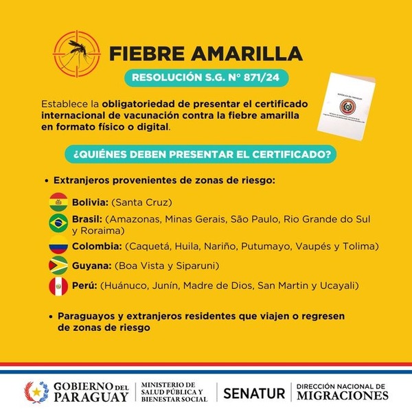 Paraguay establece nuevas disposiciones para viajeros a zonas de riesgo de fiebre amarilla - ADN Digital