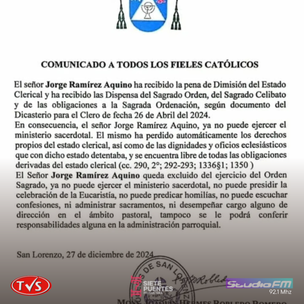 LA DIÓCESIS DE SAN LORENZO ANUNCIA LA EXPULSIÓN DEL PADRE JORGE RAMÍREZ AQUINO POR UNA “VIDA INCOHERENTE” - TVS