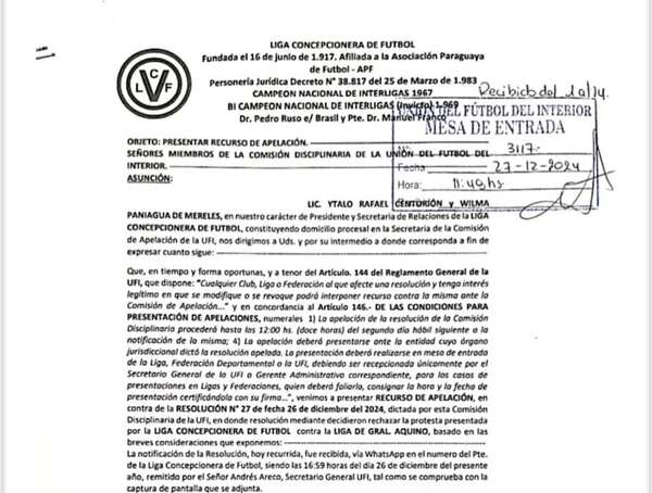 Interligas: Liga Concepcionera apela resolución de la comisión disciplinaria de la UFI - Fútbol - ABC Color