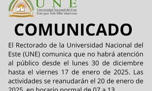 Vacaciones colectivas en Rectorado de la UNE inicia este lunes