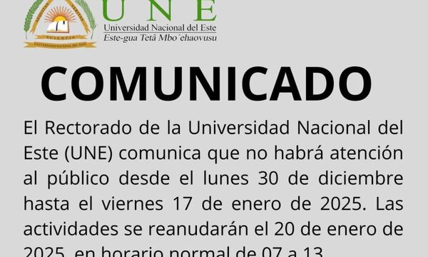Vacaciones colectivas en Rectorado de la UNE inicia este lunes