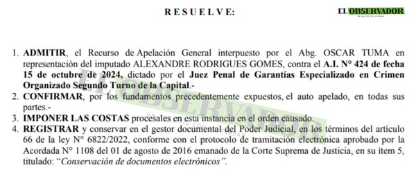 Alzada ratifica improcedencia de diligenciamiento a banco planteado por Alexandre Rodrigues