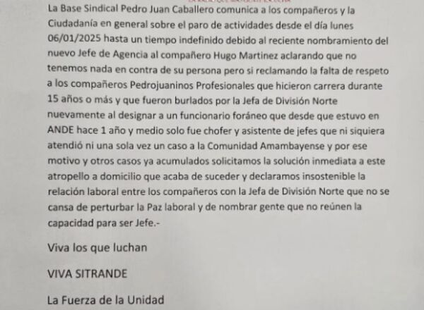ANDE PJC: Funcionarios y disconformes con nombramiento de nuevo Jefe Regional