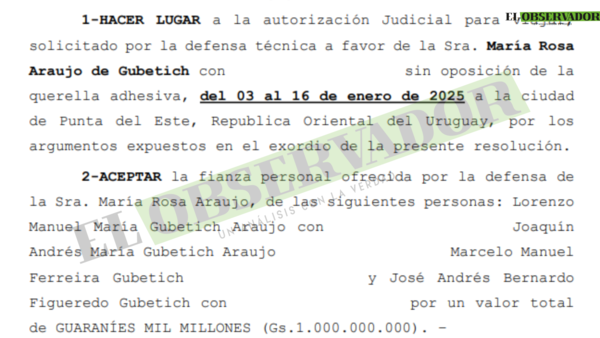 Con fianza G 1.000 millones esposa de Gubetich accede a permiso vacacional