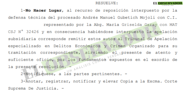 Gubetich deberá plantear incidentes en preliminar y se rechaza reposición a su convocatoria