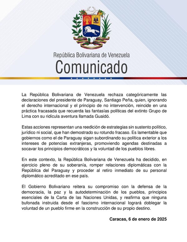 Venezuela rompe relaciones diplomáticas con Paraguay por apoyo de Peña a la oposición - El Trueno