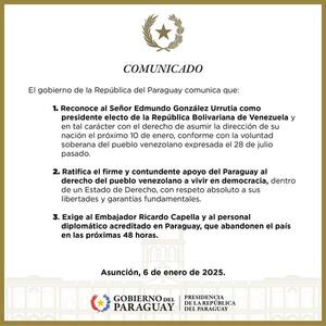 Paraguay reconoce a Edmundo González como presidente electo de Venezuela y expulsa al embajador venezolano