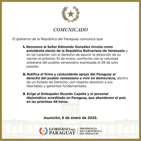 Paraguay reconoce a Edmundo González como presidente electo de Venezuela y expulsa al embajador venezolano