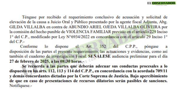 Audiencia preliminar por caso de violencia familiar queda fijada para febrero