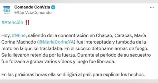 Comando de María Corina Machado confirmó que fue liberada tras ser “retenida por la fuerza” en Caracas