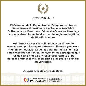 Paraguay ratifica apoyo a González Urrutia y condena al régimen chavista