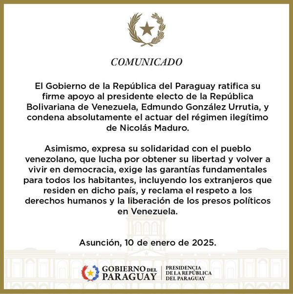 Paraguay ratifica apoyo a González Urrutia y condena al régimen chavista