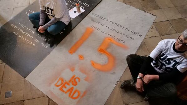 Activistas climáticos vandalizan la tumba de Charles Darwin en la Abadía de Westminster