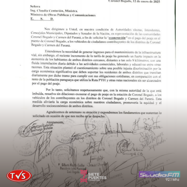 PEAJE DE CORONEL BOGADO: SIN EXONERACIÓN NI REBAJA, PERO CON POSIBILIDAD DE TRASLADO - TVS
