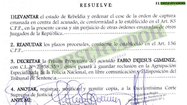 Ordenan Prisión Preventiva para Fabio Giménez por Tenencia y Portación de Armas